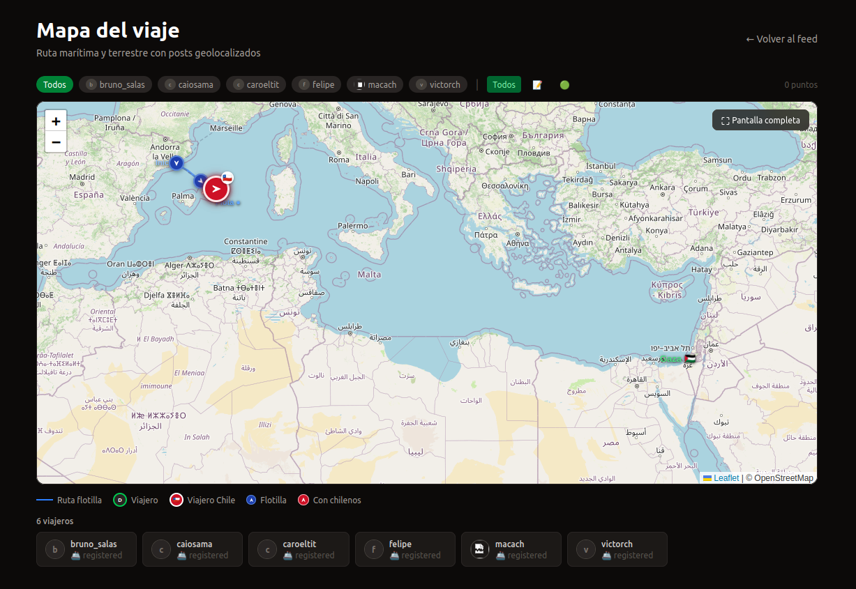 Mapa del viaje con la ruta consenso calculada desde datos GPS reales y los barcos de la delegación chilena en rojo